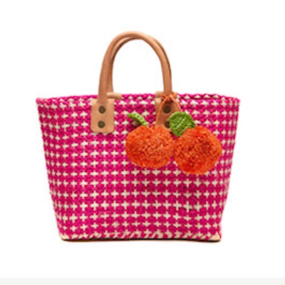 NWT. Mar Y Sol Hadley Straw Pink and White Tote Bag with Poms. - Picture 1 of 11
